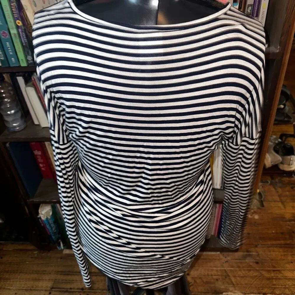 CAbi S boat stripe nautical asymmetrical hem knit top